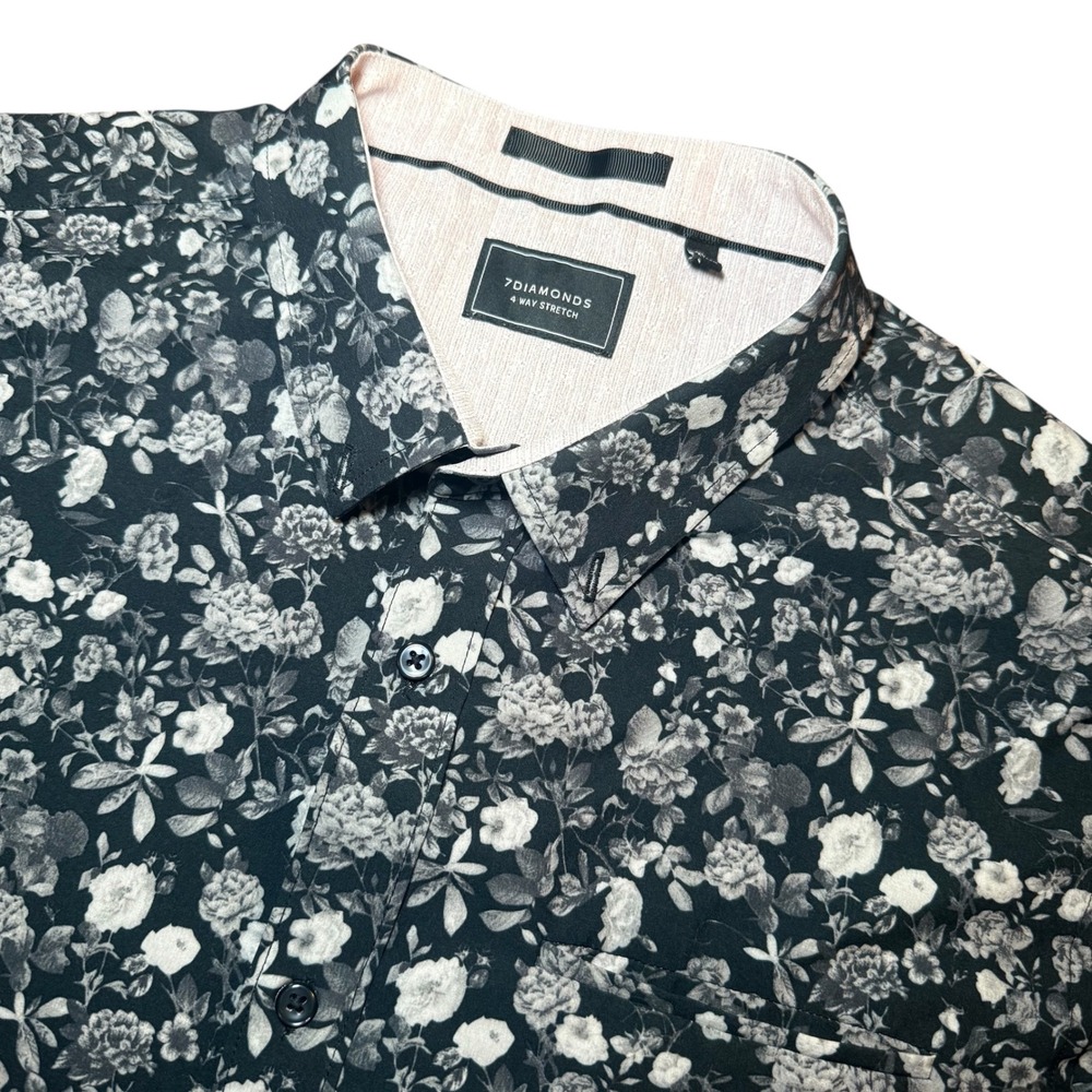 7Diamonds Rose Garden 4-Way Stretch Shirt Mens XL Black Floral Short Sleeve